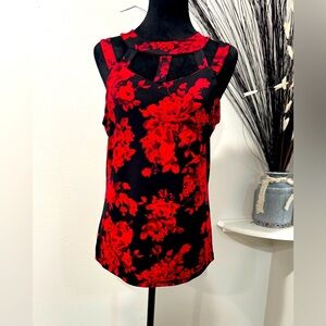 Diana B•Elle Elegant Red Floral Top cut out neckline- Size Medium